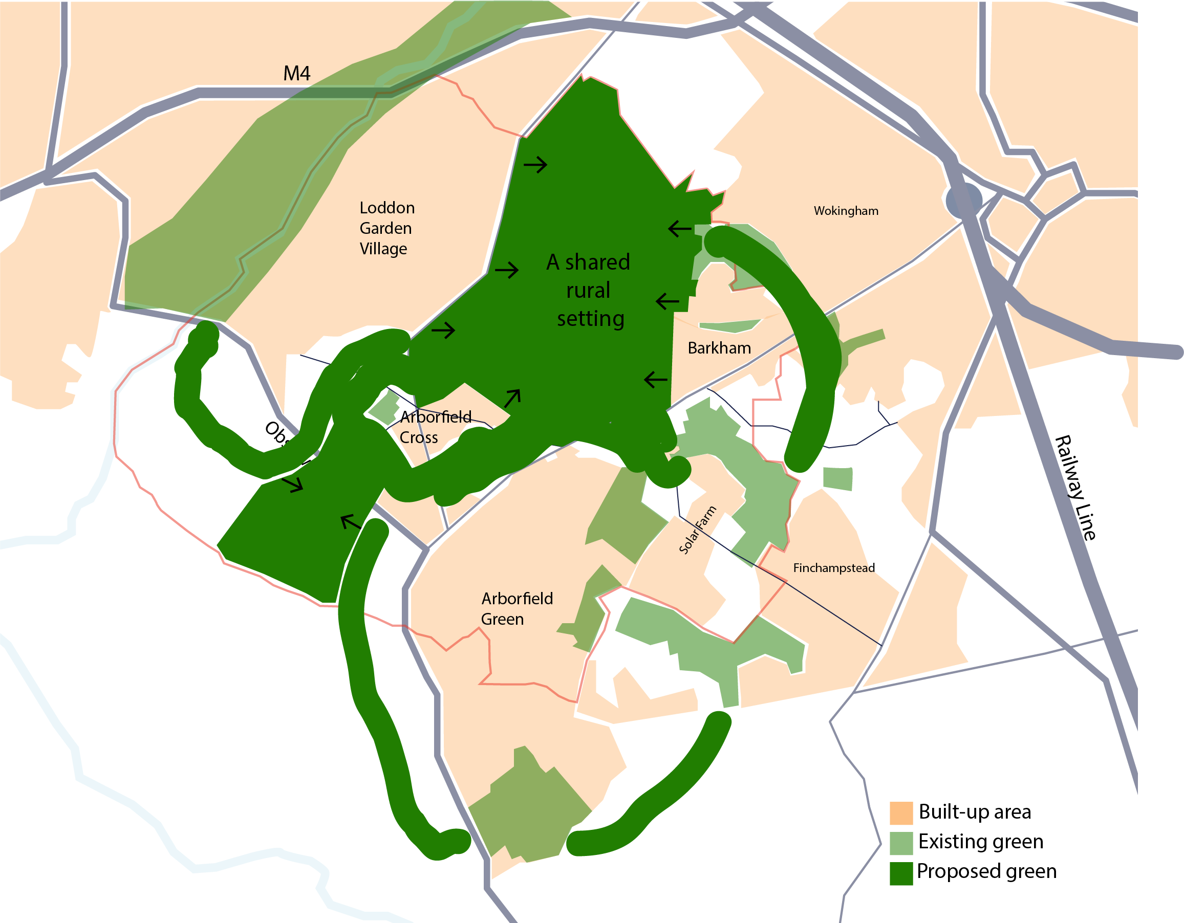 Illustrative map showing the existing and proposed green which is considered to retain rural identity and avoid the coalescence of settlements to answer the question: What if we also recognised the important role of our remaining countryside as a shared rural setting between our settlements whilst acknowledging that this would mean development may need to be accommodated elsewhere?