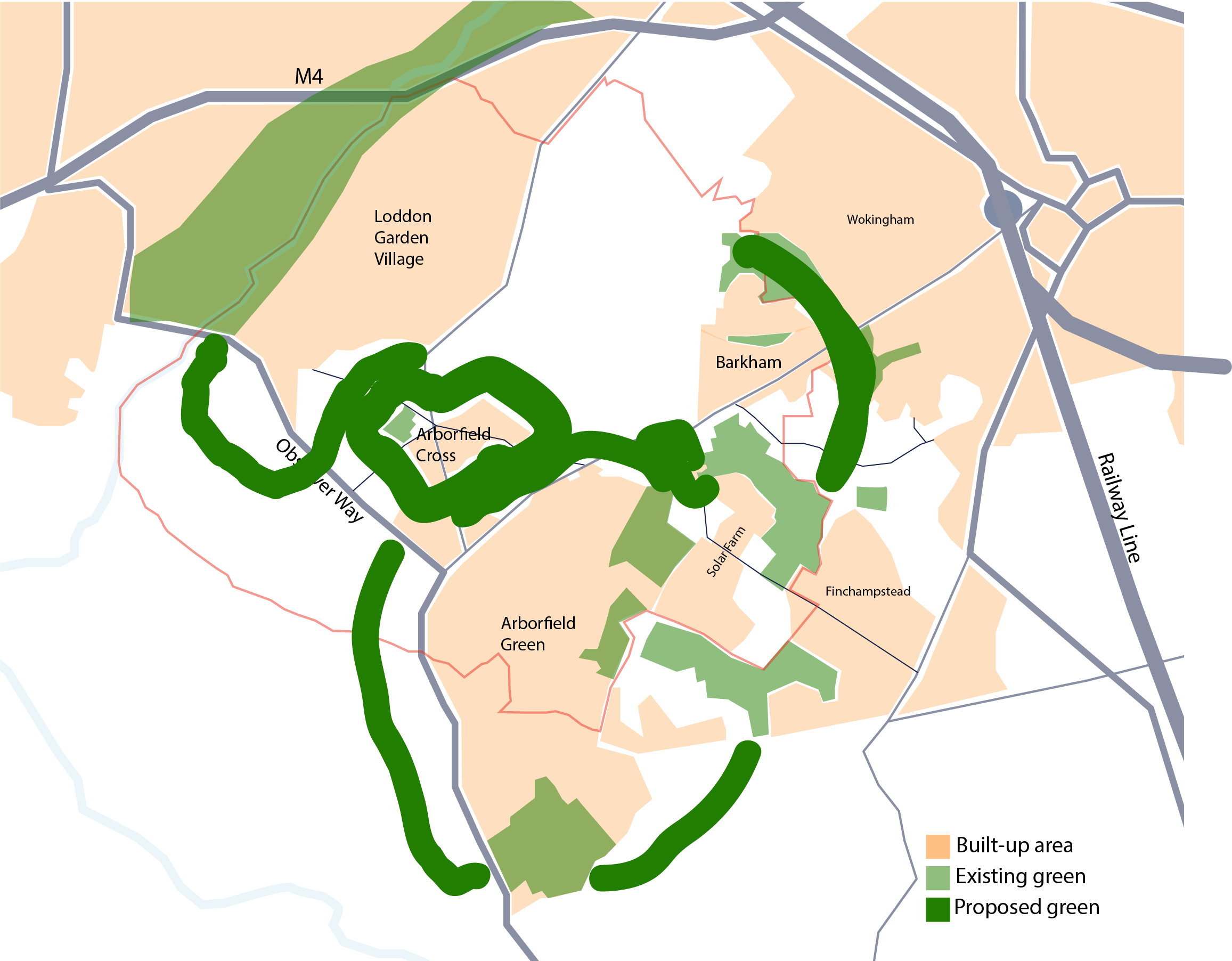 Illustrative map showing the existing and proposed green which is considered to retain rural identity and avoid the coalescence of settlements to answer the question: What if we utilised the provision of that space to create multi-functional green infrastructure space around our existing communities to protect their identities, their history and their value to the community as well as to avoid the coalescence of settlements?